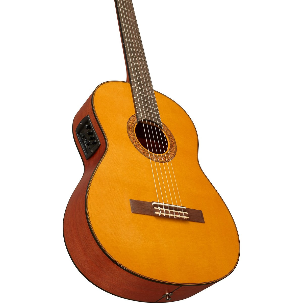 Guitarra clásica electroacústica Yamaha CGX122MS abeto vista de perfil posterior | Armonía Musical México
