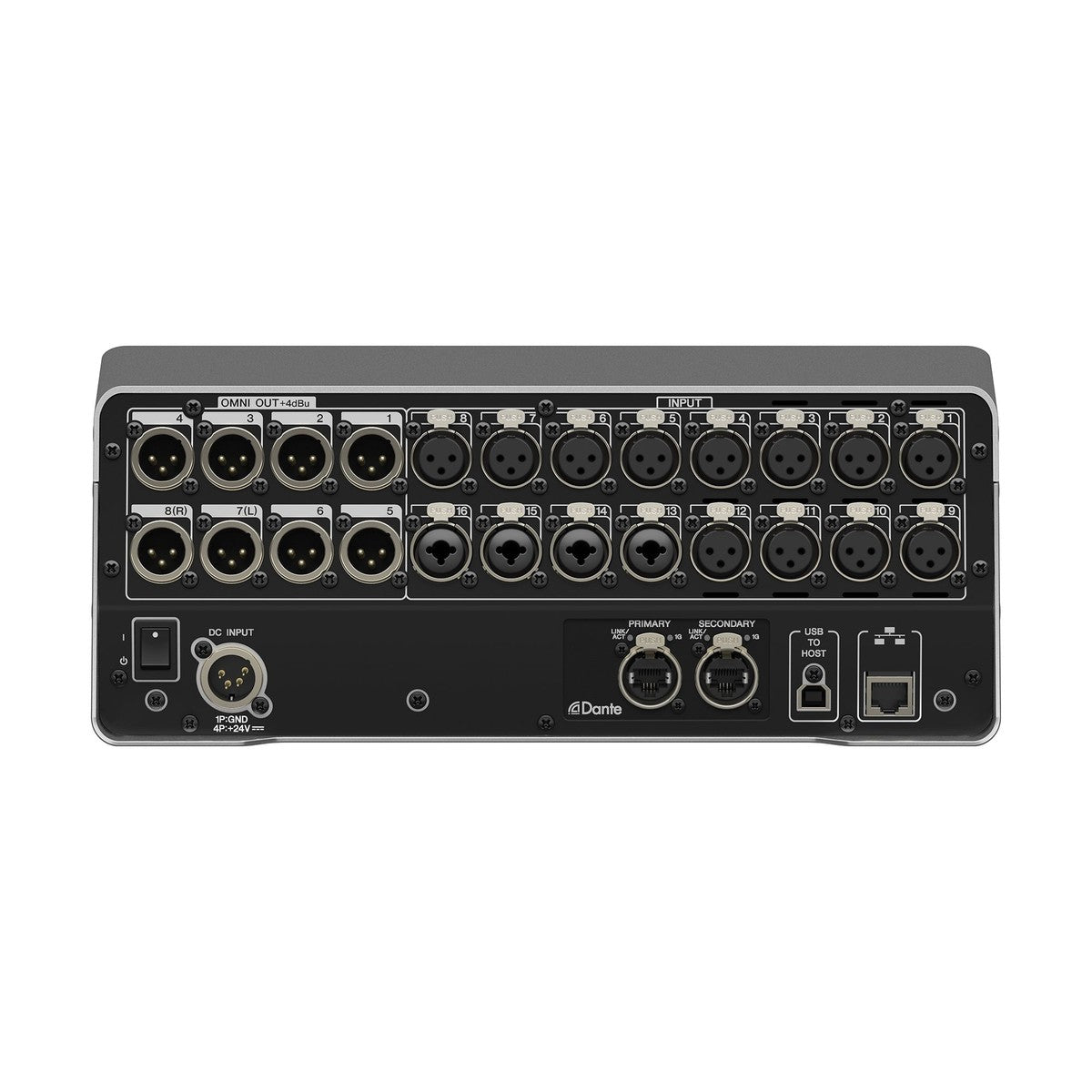 Mezcladora digital Yamaha DM3 con Dante vista trasera | Armonía Musical México