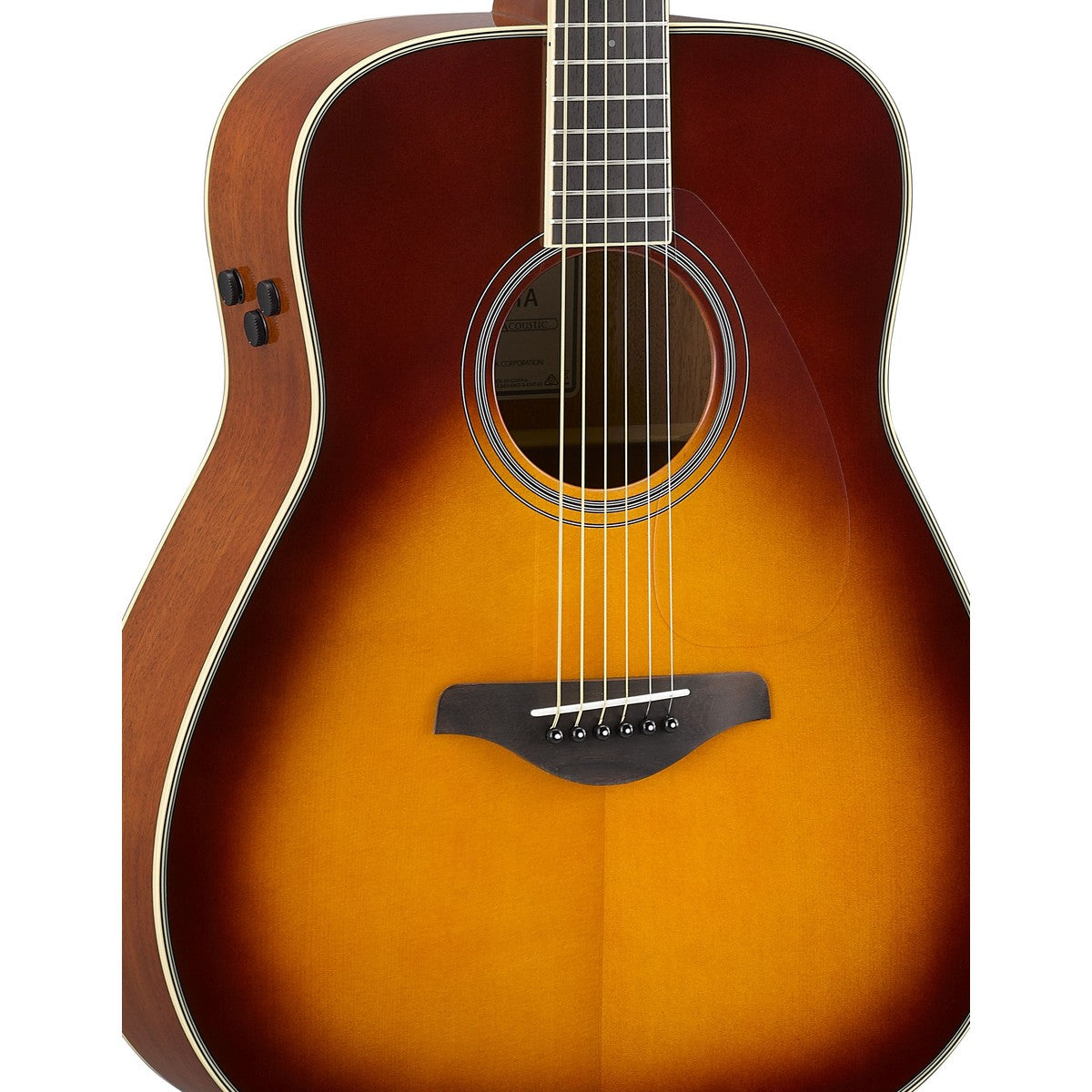 Guitarra TransAcoustic Yamaha FG-TA Brown Sunburst detalle cuerpo y controles TA | Armonía Musical México