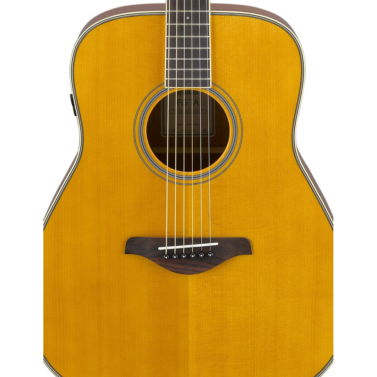 Guitarra TransAcoustic Yamaha FG-TA Vintage Tint detalle cuerpo y controles TA | Armonía Musical México