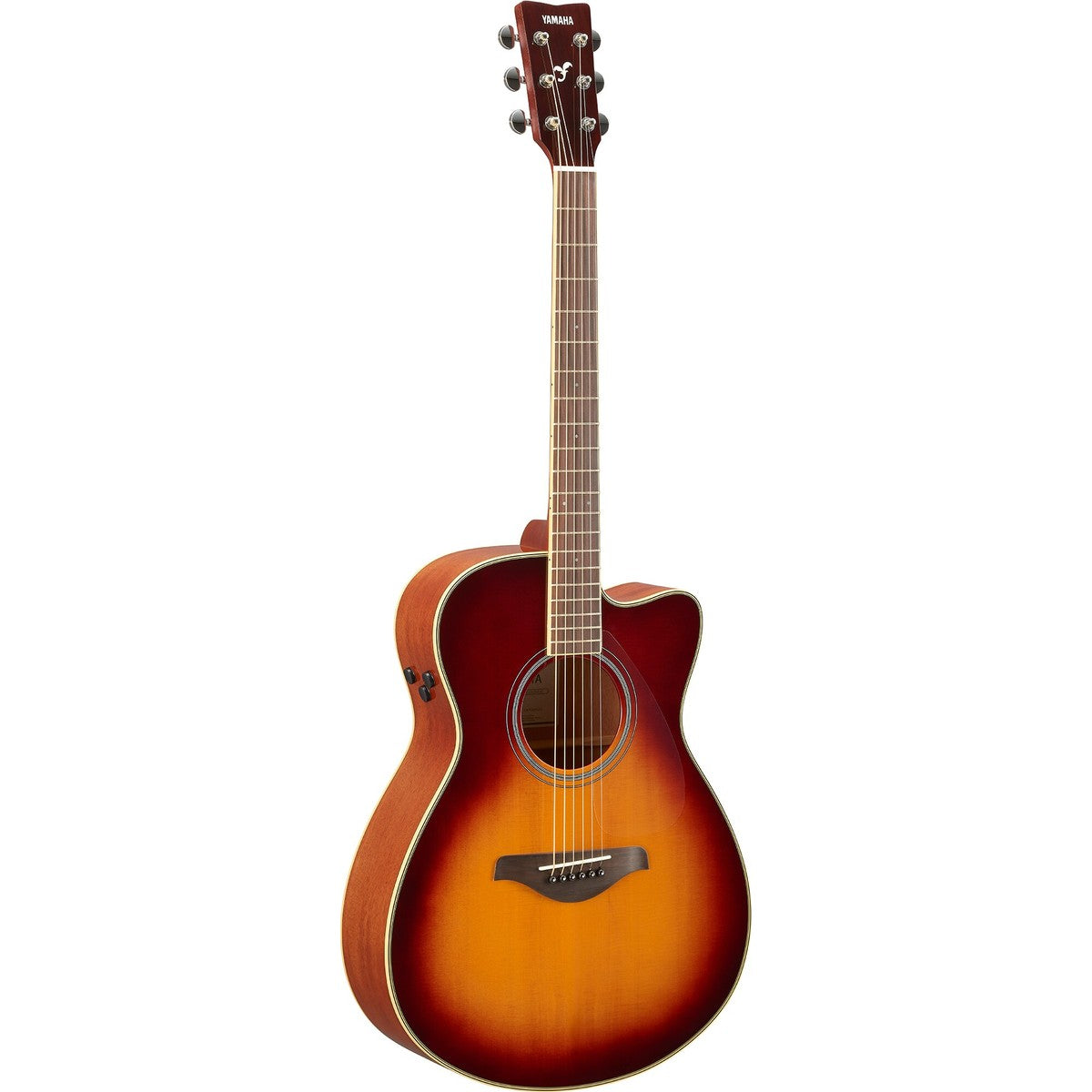 Guitarra TransAcoustic Yamaha FSC-TA cutaway Brown Sunburst vista angular | Armonía Musical México