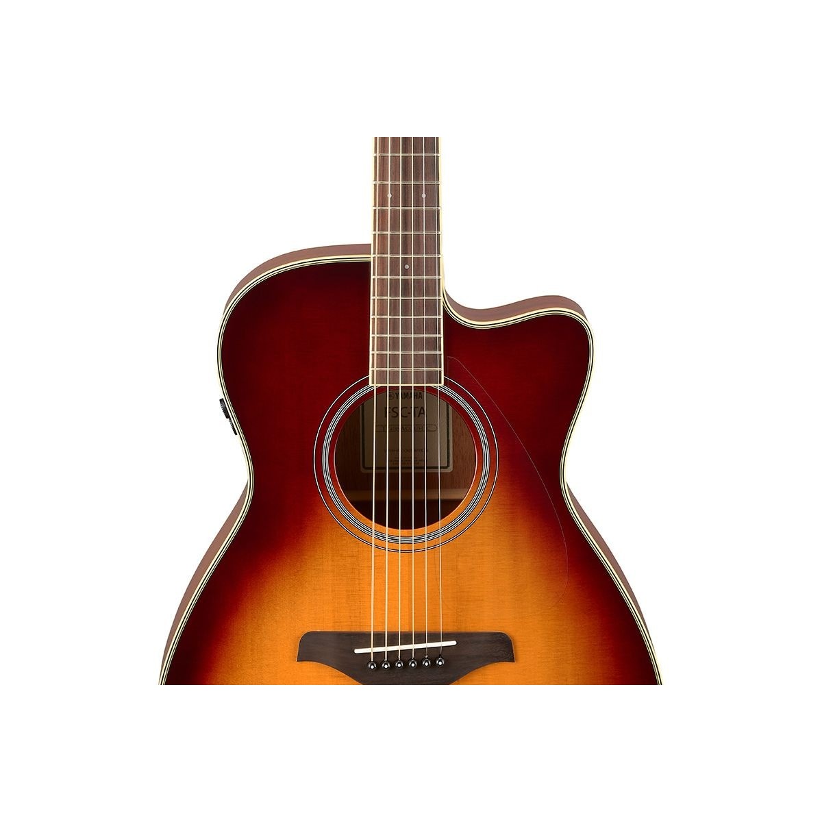 Guitarra TransAcoustic Yamaha FSC-TA cutaway Brown Sunburst detalle cuerpo y controles TA | Armonía Musical México
