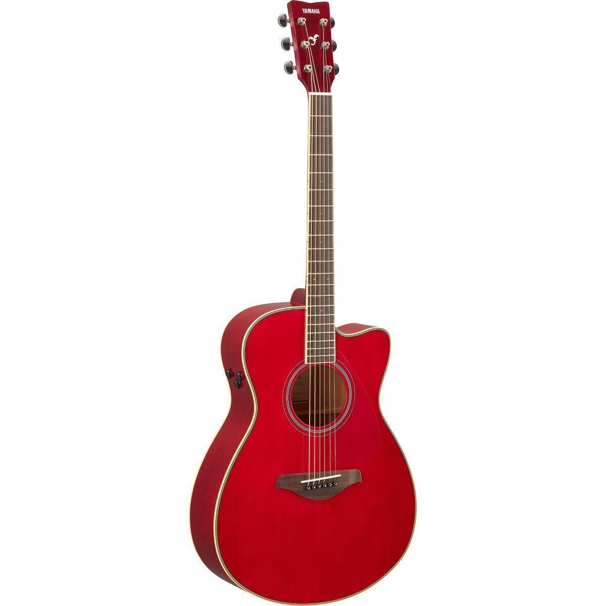 Guitarra TransAcoustic Yamaha FSC-TA cutaway Ruby Red vista angular | Armonía Musical México