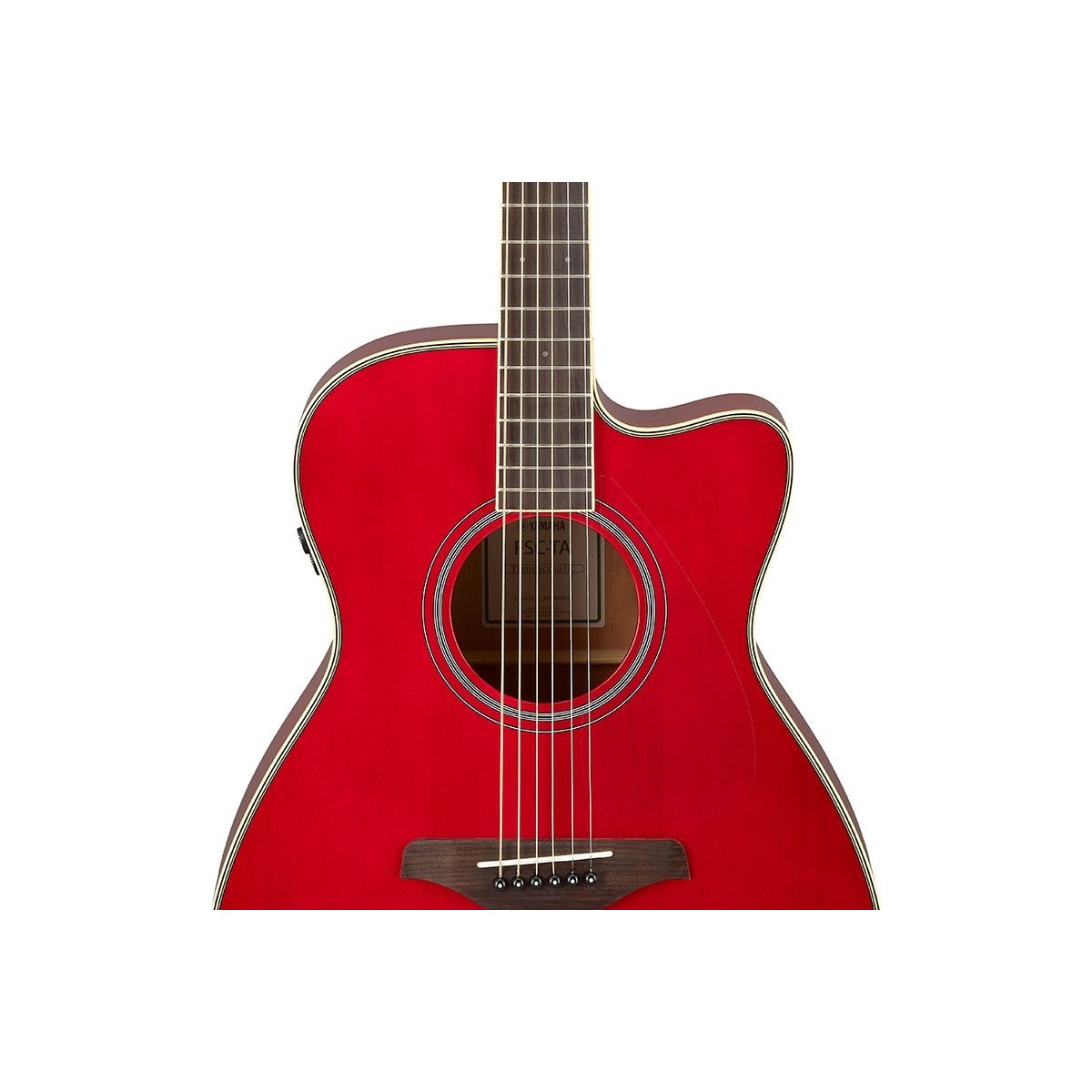 Guitarra TransAcoustic Yamaha FSC-TA cutaway Ruby Red detalle cuerpo y controles TA | Armonía Musical México
