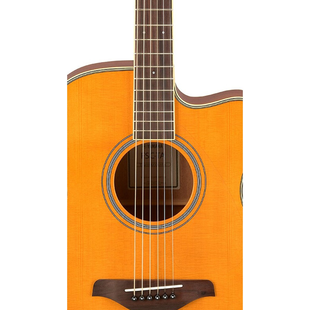 Guitarra TransAcoustic Yamaha FSC-TA cutaway Vintage Tint detalle cuerpo y controles TA | Armonía Musical México